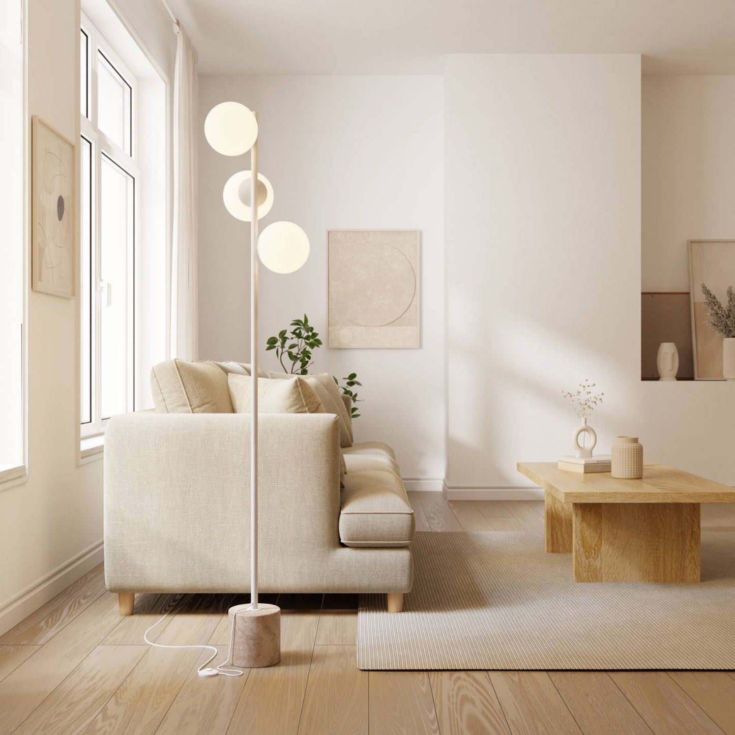 Luxe design vloerlamp met travertin voet en warm diffuus licht – Avera