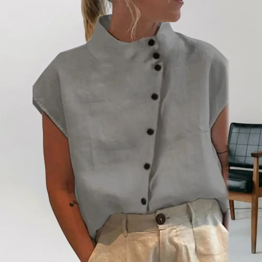 Vrouwen Blouse V-hals met Knopen en Diagonale Sluiting