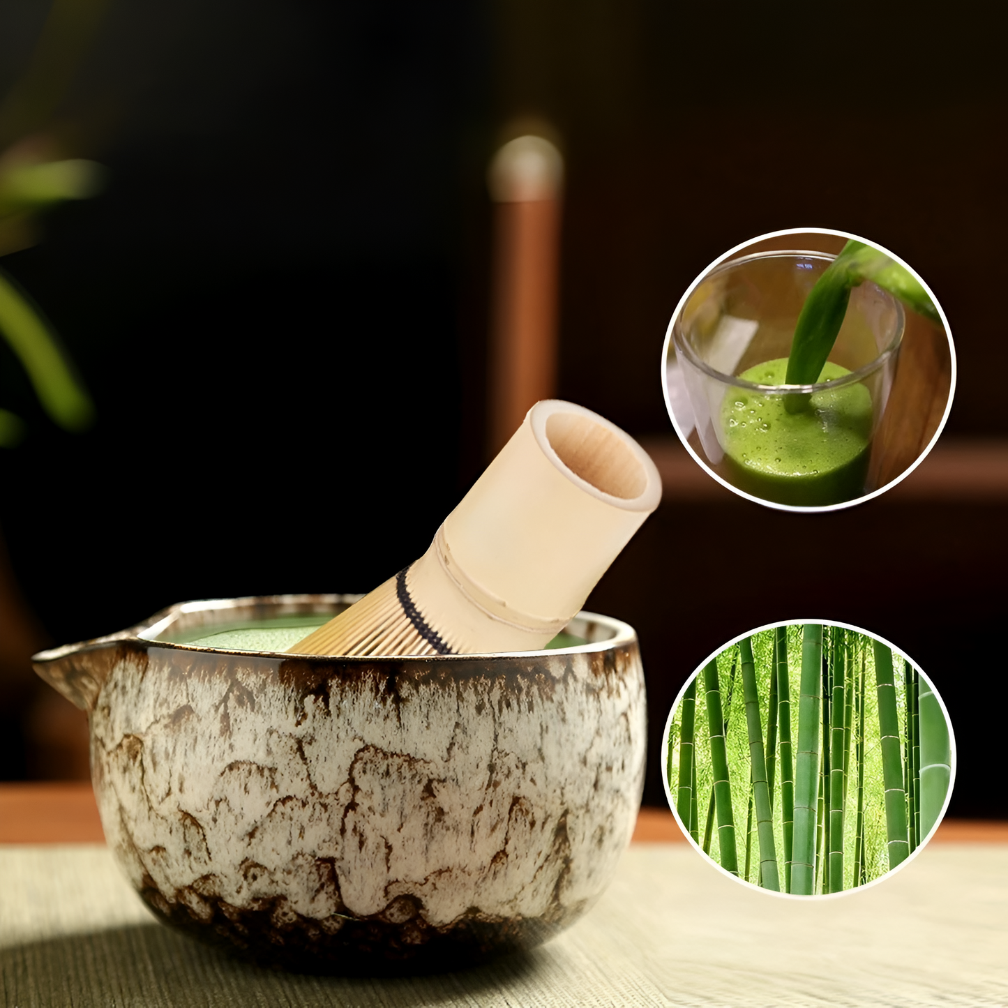 Japanse matcha theeset van keramiek met klopper, kom en accessoires voor traditionele theeceremonie