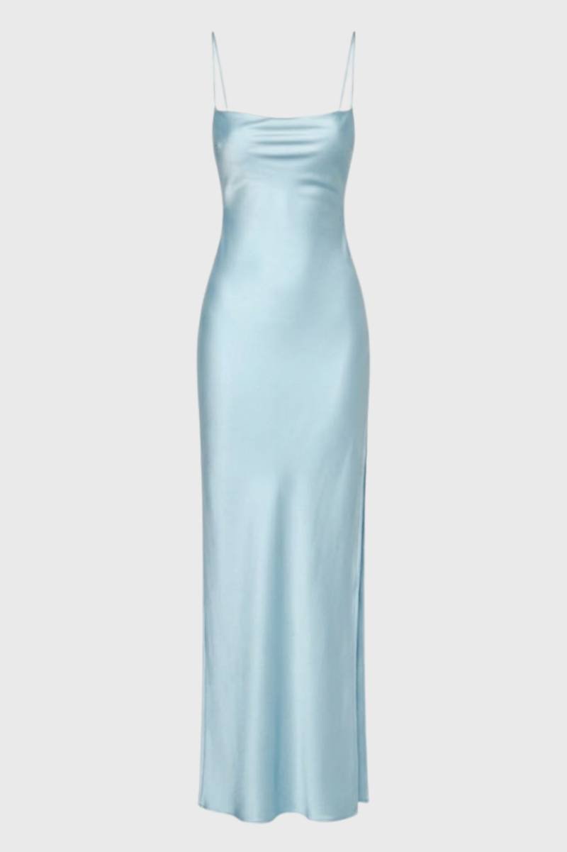 Maxi Jurk Dames - Elegant met Spaghettibandjes | Glanzende Finish - Lichtblauw