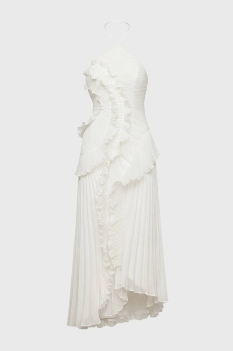 Maxi Jurk Dames - Halter met Ruches | Asymmetrische Zoom - Wit