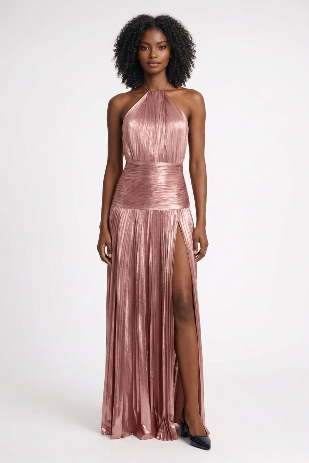 Maxi Jurk Dames Metallic Plissé Elegant met Split