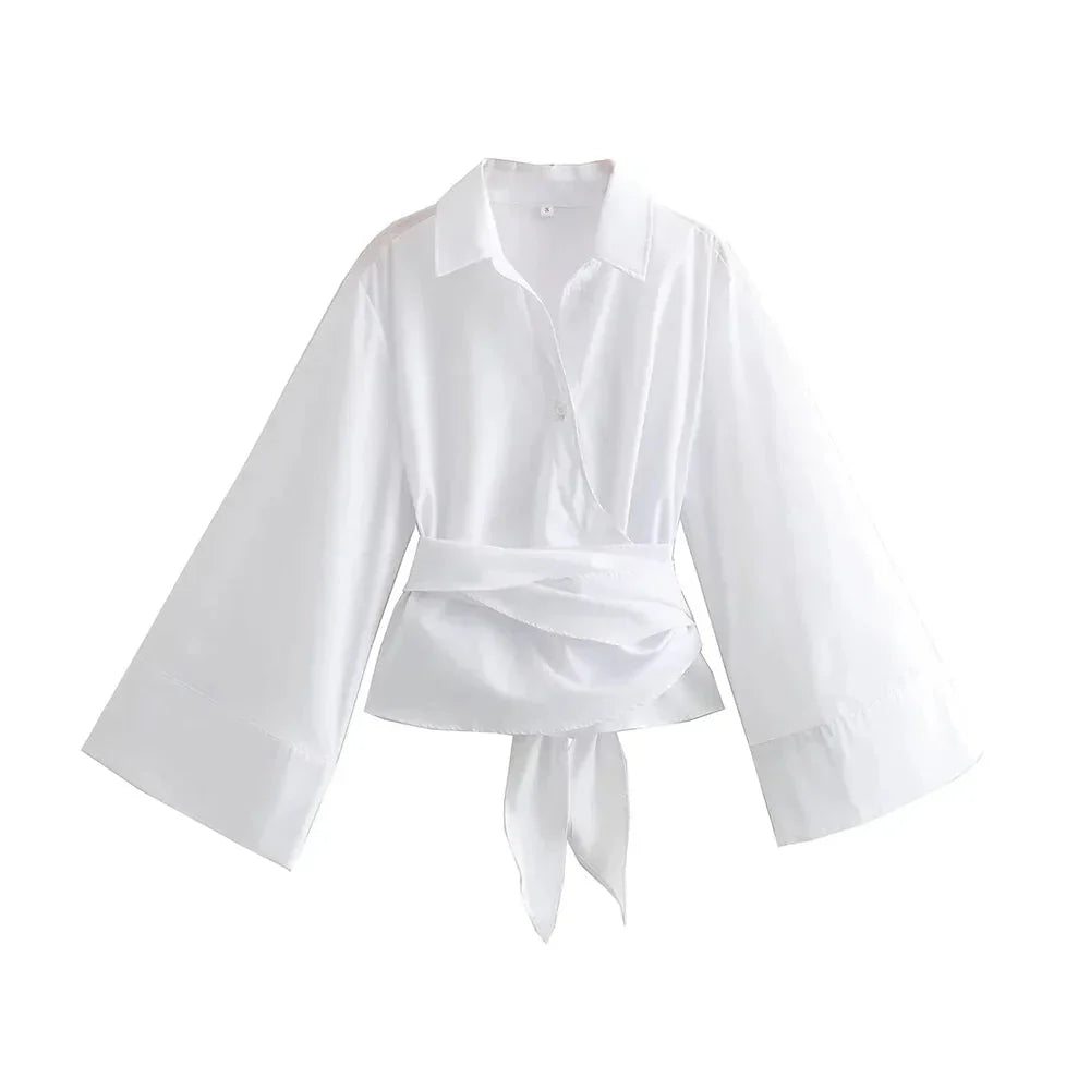 Vrouwelijke Kimono Blouse met Brede Strik en V-Neck