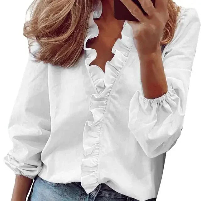 Dames Blouse V-Hals met Ruches en Kant-details