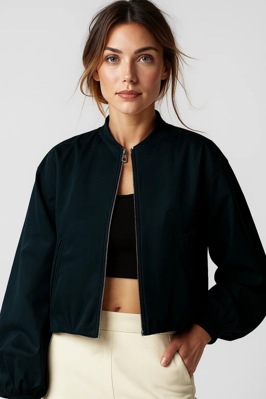 Damesjas Sportief Cropped Met Rits Voor Lente