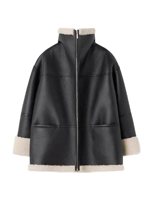 Zwart Kunstleder Jack Oversized Shearling Look