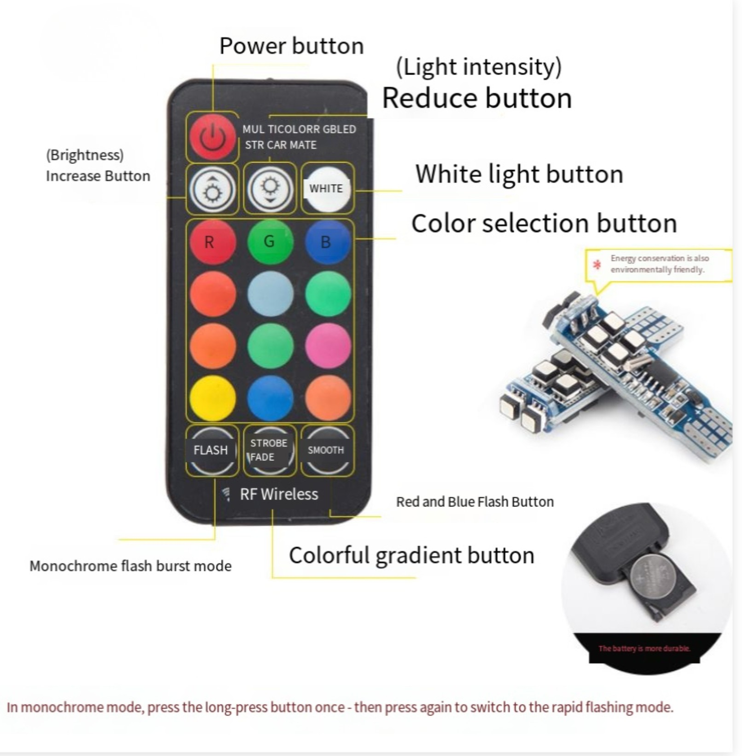 RGB Auto Interieurverlichting T10 LED met 7 Kleuren en RF Afstandsbediening voor Parkeerlichten