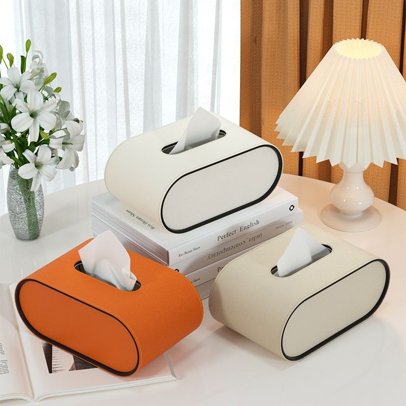 Tissuebox Leer Ovaal 22x13x10cm Woonkamer Bureau Nachtkastje Luxe Tissuehouder Oranje Beige Grijs Decoratief Interieur