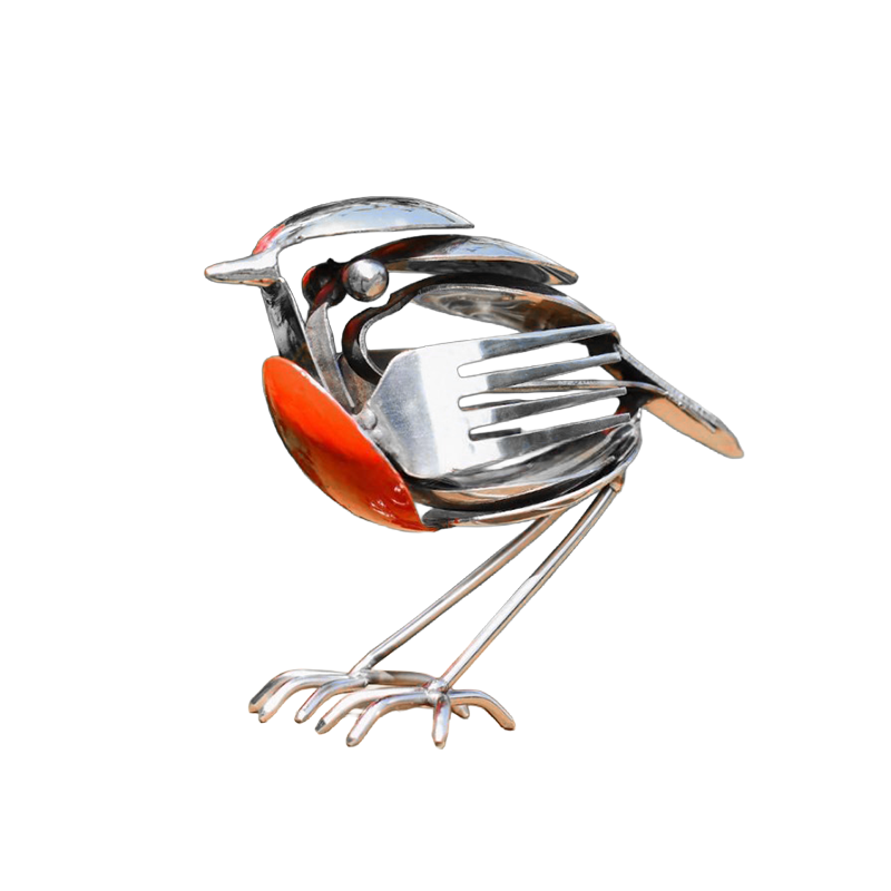 Metalen Vogelbeeldje Roodborstje Gerecycled Bestek Tuindecoratie Uniek Handgemaakt Sculptuur Duurzaam