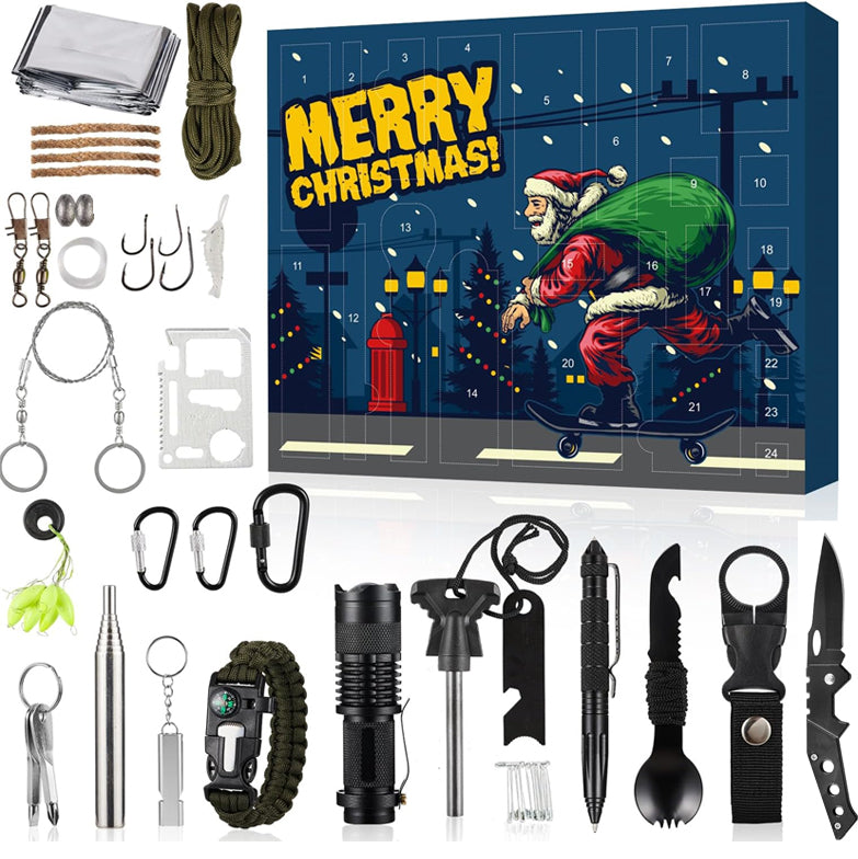 Outdoor Survival Adventskalender 24 Dagen – Compleet Overlevingsset met Gadgets en Gereedschap voor Avonturiers