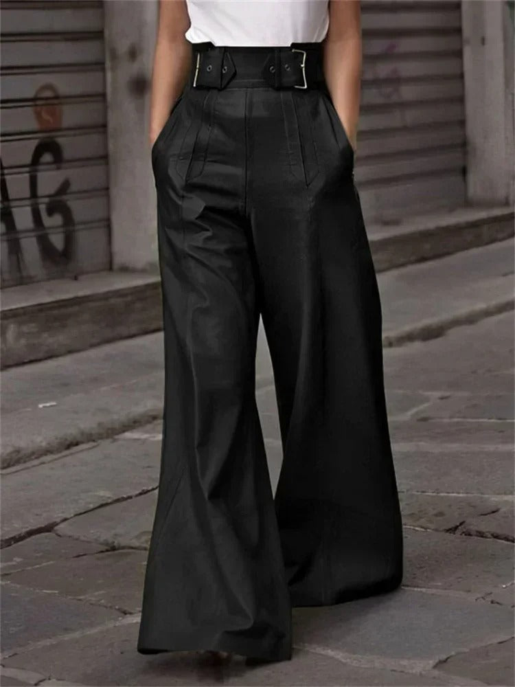 Wijde Kunstleder Broek Hoge Taille Zwart Stretch