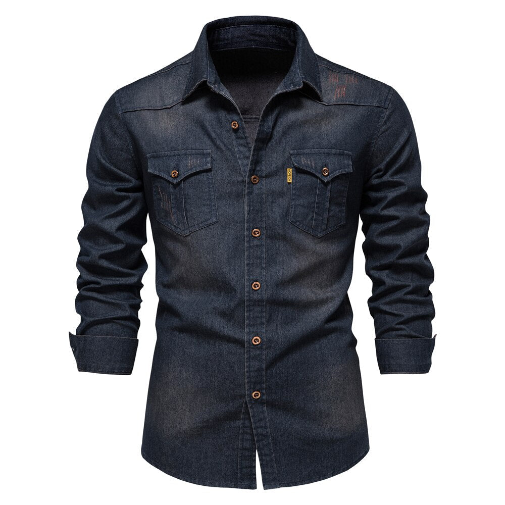Heren Overhemd Blauwe Denim Casual Kwaliteit