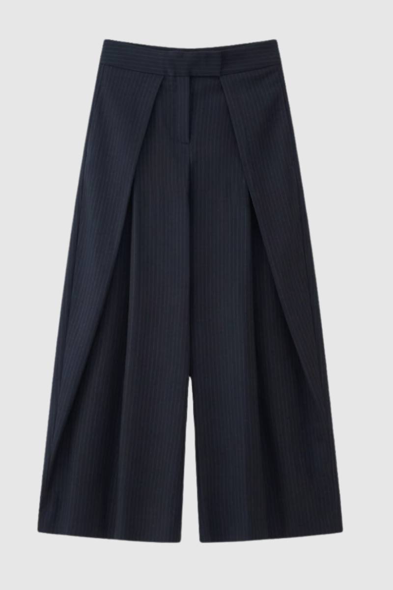 Wijde Broek Dames - Palazzo met Ceintuur | Elegante Hoge Taille — Gestreept Navy