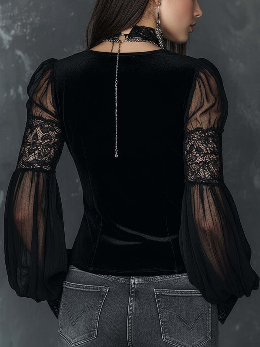 Dames Fluwelen Blouse met Kant en Doorzichtige Mouwen