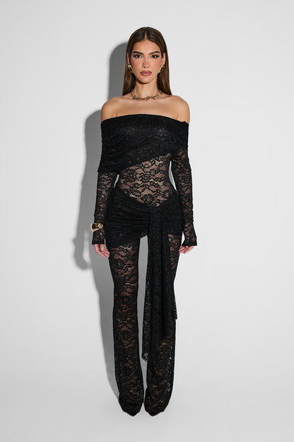 Zwarte Jumpsuit van Kant Off-Shoulder Model Wijde Pijpen