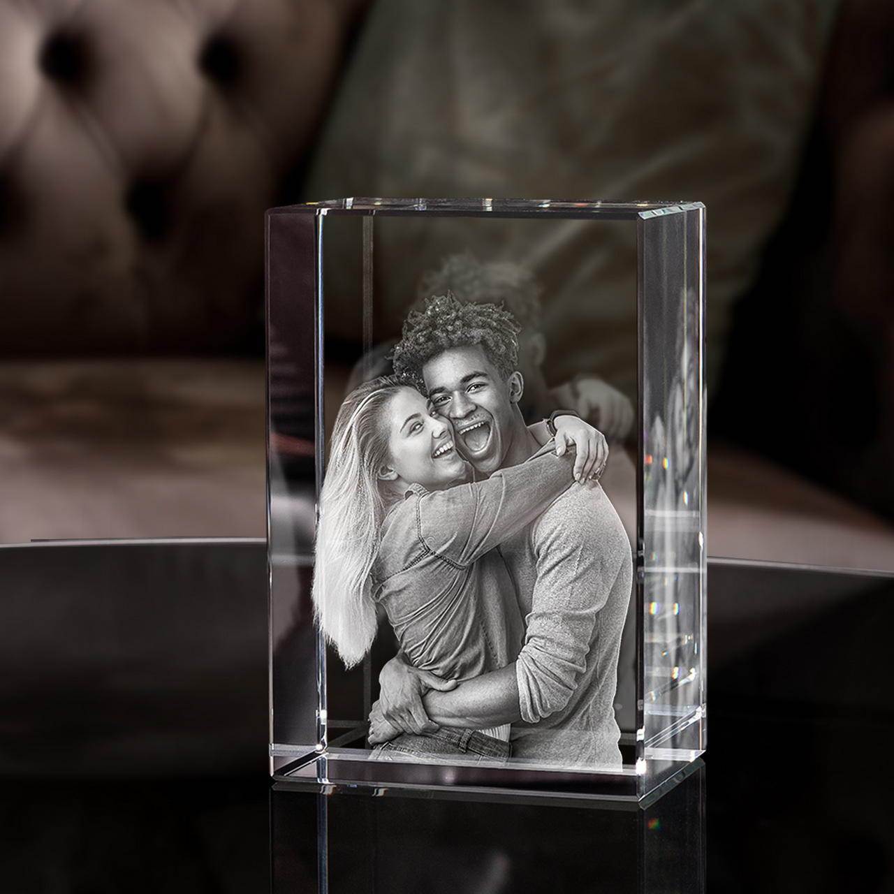 Gepersonaliseerd 2D/3D Kristal Gedenkkristal met Eigen Foto – Verlicht Herinneringsblok met Houten Voet