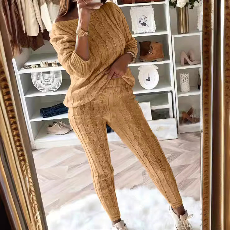 Dames Lounge Set Warme Kabeltrui Legging en Top