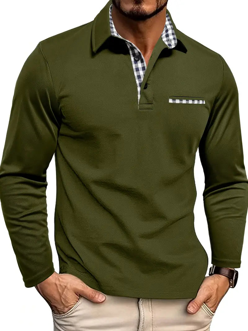 Heren Poloshirt Longsleeve Met Contrastkraag en Borstzak