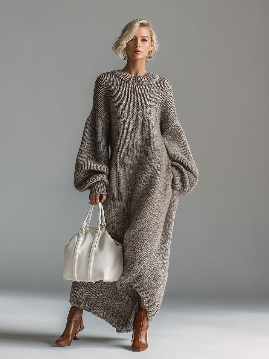 Dames Maxi Jurk Gebreid Rond Hals Gemêleerd Khaki Kleur