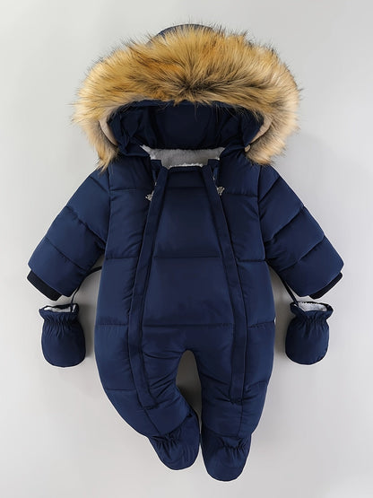 Frosty Baby Romper Gewatteerd Polyester Katoen Capuchon Winter Baby Jumpsuit Faux Bont Handwarmers Buiten