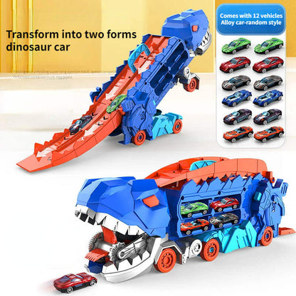 3-in-1 Speelgoedtruck met T-Rex Transporter voor Kinderen - Racebaan Auto Opslag Dino Speelset Educatief