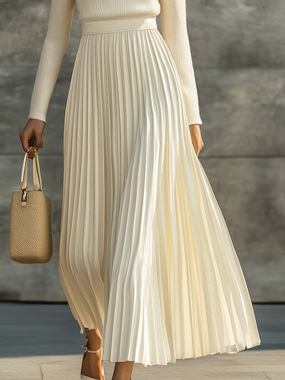 Dames Maxi Jurk met Gebreide Top en Geplooide Satijnen Rok