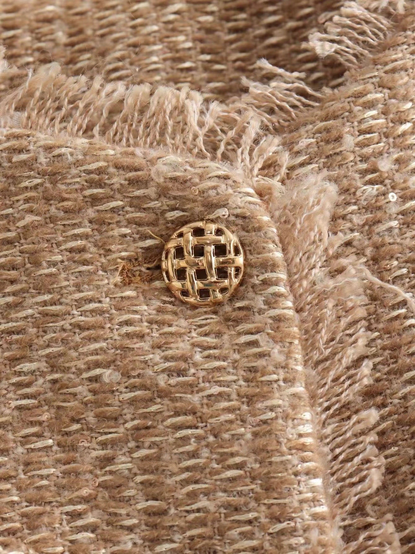 Dames Jas Boucle Stijlvol Goud Geheel Met Zakken