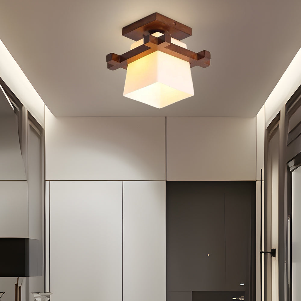 LED plafondlamp hout E27 wit Japandi hal slaapkamer woonkamer 20 cm vierkante plafondlamp Japanse stijl