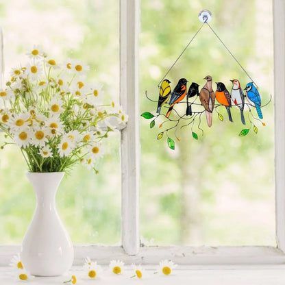 Decoratieve Vogelsuncatcher in Glas-in-Lood Stijl Multicolor | Venster- en Muurdecoratie met 7 Vogels 20,5 × 10,5 cm