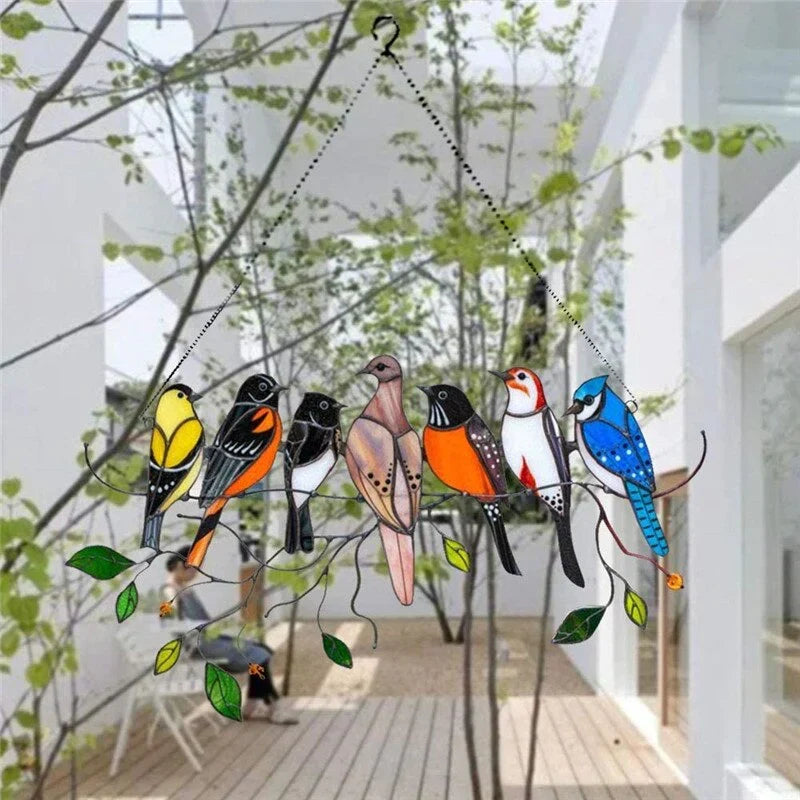 Decoratieve Vogelsuncatcher in Glas-in-Lood Stijl Multicolor | Venster- en Muurdecoratie met 7 Vogels 20,5 × 10,5 cm