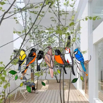 Decoratieve Vogelsuncatcher in Glas-in-Lood Stijl Multicolor | Venster- en Muurdecoratie met 7 Vogels 20,5 × 10,5 cm