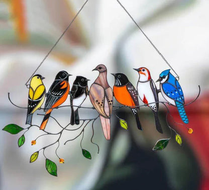 Decoratieve Vogelsuncatcher in Glas-in-Lood Stijl Multicolor | Venster- en Muurdecoratie met 7 Vogels 20,5 × 10,5 cm