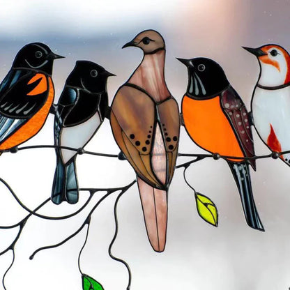 Decoratieve Vogelsuncatcher in Glas-in-Lood Stijl Multicolor | Venster- en Muurdecoratie met 7 Vogels 20,5 × 10,5 cm