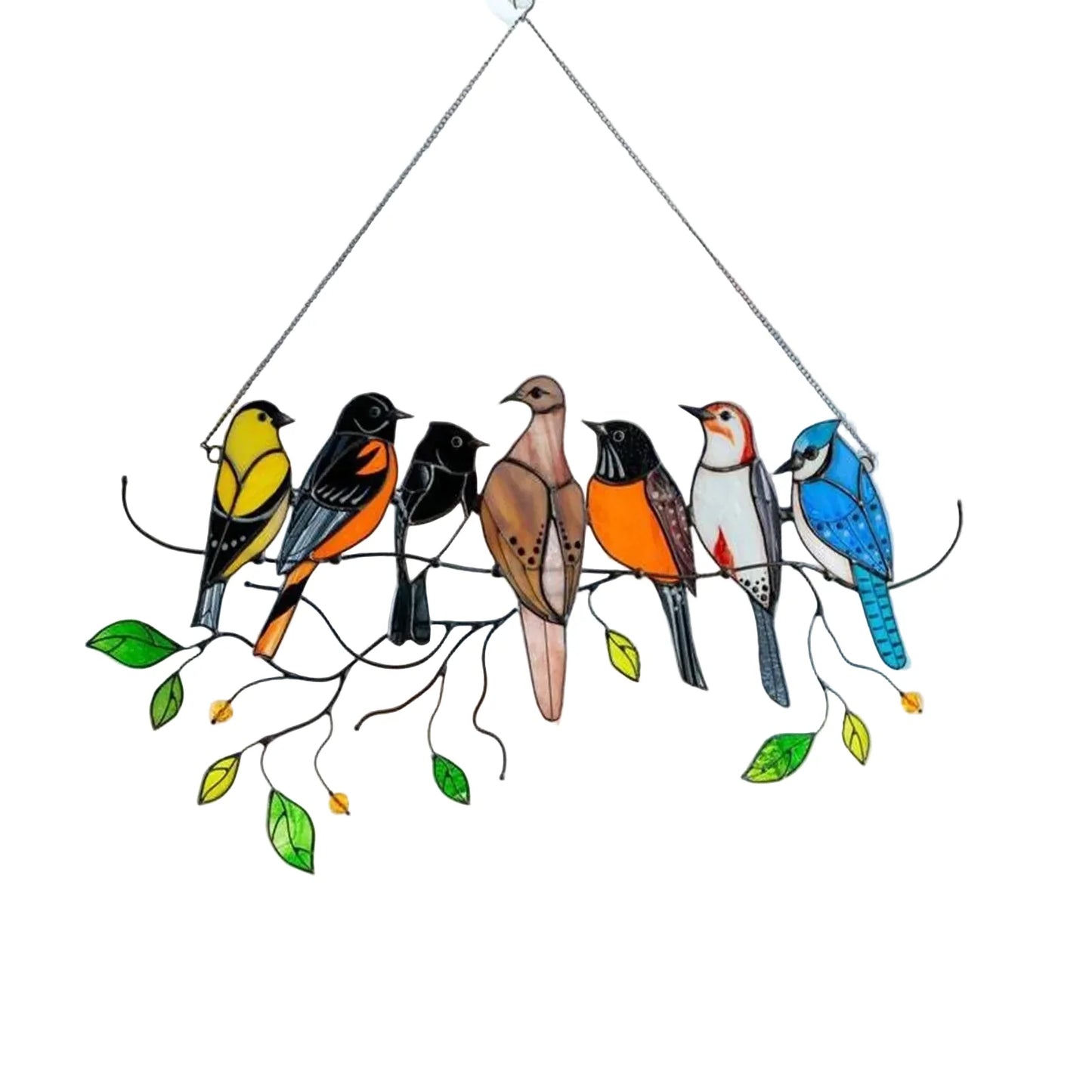 Decoratieve Vogelsuncatcher in Glas-in-Lood Stijl Multicolor | Venster- en Muurdecoratie met 7 Vogels 20,5 × 10,5 cm