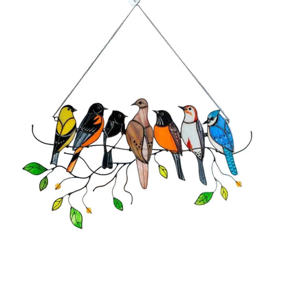 Decoratieve Vogelsuncatcher in Glas-in-Lood Stijl Multicolor | Venster- en Muurdecoratie met 7 Vogels 20,5 × 10,5 cm