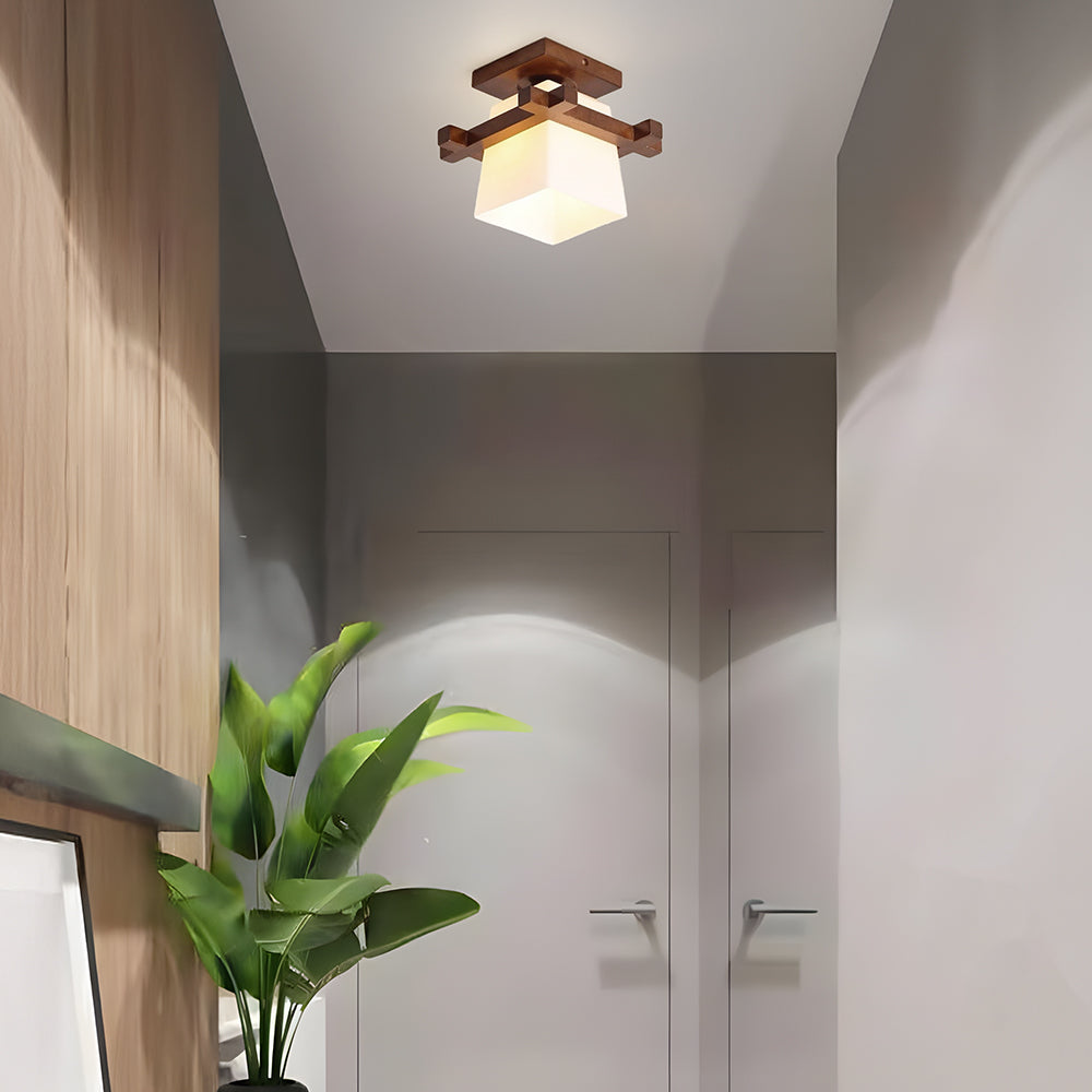 LED plafondlamp hout E27 wit Japandi hal slaapkamer woonkamer 20 cm vierkante plafondlamp Japanse stijl