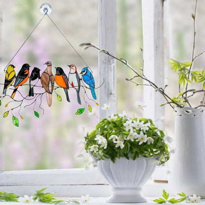 Decoratieve Vogelsuncatcher in Glas-in-Lood Stijl Multicolor | Venster- en Muurdecoratie met 7 Vogels 20,5 × 10,5 cm