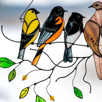 Decoratieve Vogelsuncatcher in Glas-in-Lood Stijl Multicolor | Venster- en Muurdecoratie met 7 Vogels 20,5 × 10,5 cm