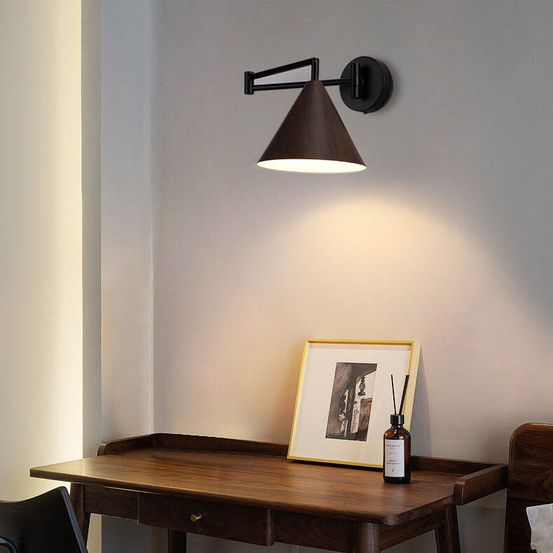 Wandlamp Zwenkarm IJzer Conische Kap Walnoot Houtkleur E26 18x14cm Slaapkamer Leeslamp