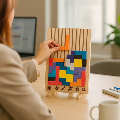 Houten Tetris Puzzel 31.5x19.8cm Ecokleuren Bureau Blokpuzzel Tangram Breinbreker Volwassenen Kinderen Kantoor Cadeau Speelgoed