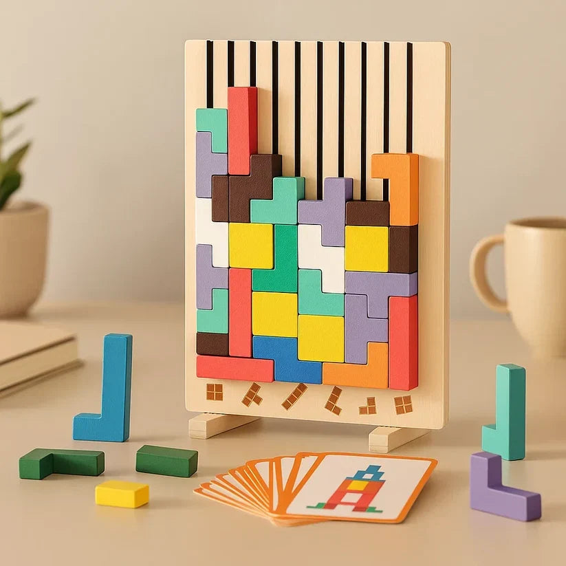 Houten Tetris Puzzel 31.5x19.8cm Ecokleuren Bureau Blokpuzzel Tangram Breinbreker Volwassenen Kinderen Kantoor Cadeau Speelgoed