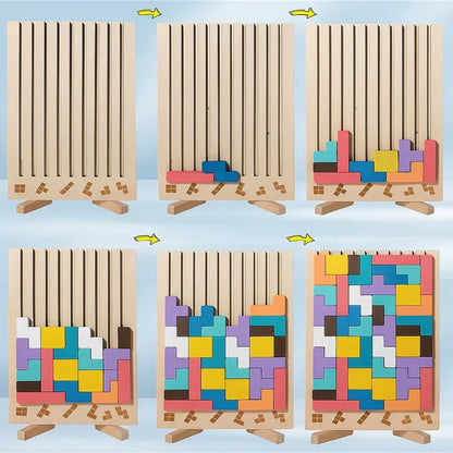 Houten Tetris Puzzel 31.5x19.8cm Ecokleuren Bureau Blokpuzzel Tangram Breinbreker Volwassenen Kinderen Kantoor Cadeau Speelgoed