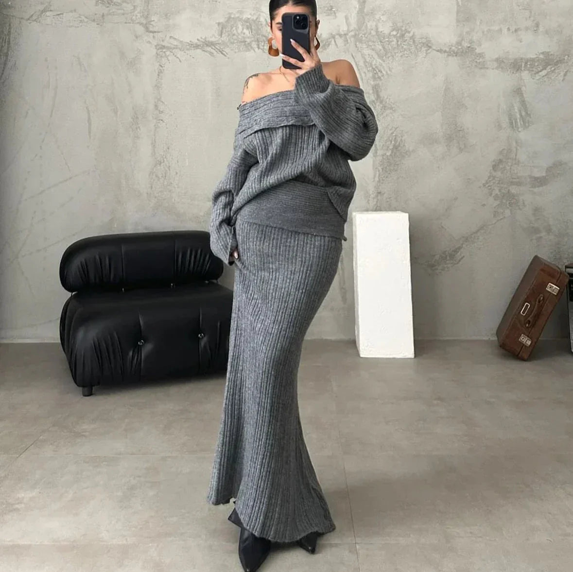 Elegante Trui en Rok Set Gebreid Off Shoulder Dame