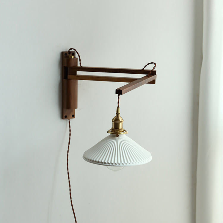 Wandlamp Hout Glas Geplooide Kap E26 Hal Woonkamer Slaapkamer Uitstelbaar Zwenkarm Messing Retro Japandi Sfeerlamp