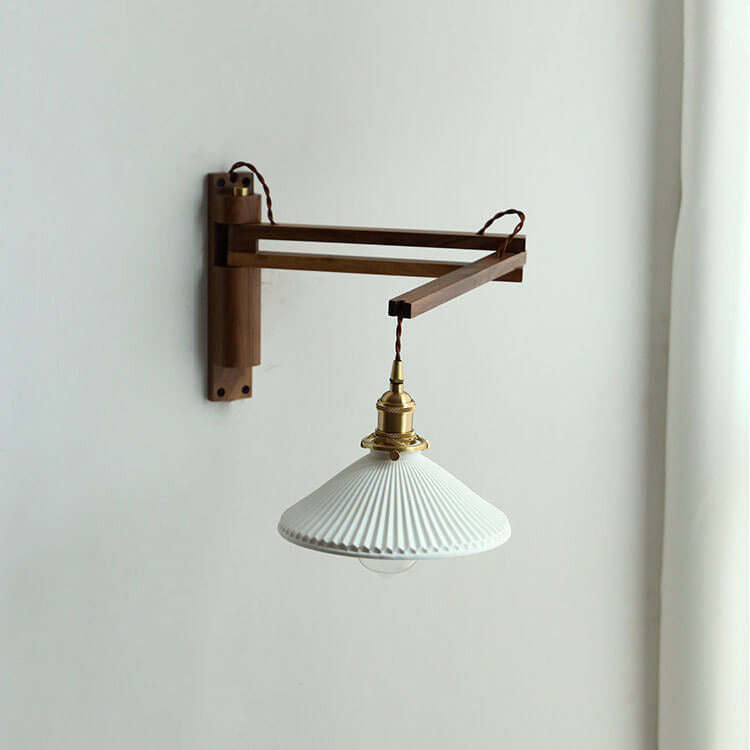 Wandlamp Hout Glas Geplooide Kap E26 Hal Woonkamer Slaapkamer Uitstelbaar Zwenkarm Messing Retro Japandi Sfeerlamp