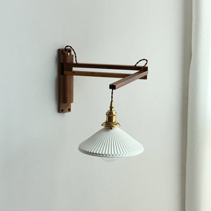 Wandlamp Hout Glas Geplooide Kap E26 Hal Woonkamer Slaapkamer Uitstelbaar Zwenkarm Messing Retro Japandi Sfeerlamp