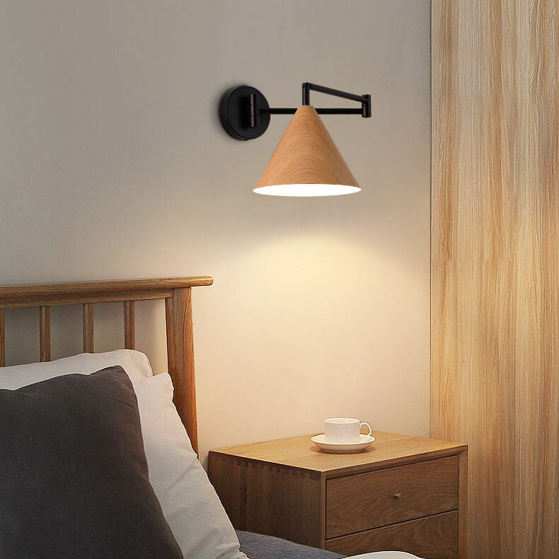Wandlamp Zwenkarm IJzer Conische Kap Walnoot Houtkleur E26 18x14cm Slaapkamer Leeslamp
