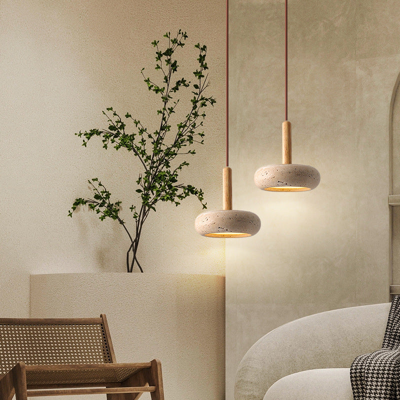 Zen Hanglamp met Natuursteen Kap en Houten Accent – Scandinavisch Design met Geïntegreerde LED