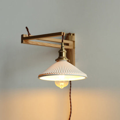 Wandlamp Hout Glas Geplooide Kap E26 Hal Woonkamer Slaapkamer Uitstelbaar Zwenkarm Messing Retro Japandi Sfeerlamp