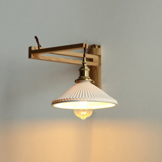 Wandlamp Hout Glas Geplooide Kap E26 Hal Woonkamer Slaapkamer Uitstelbaar Zwenkarm Messing Retro Japandi Sfeerlamp